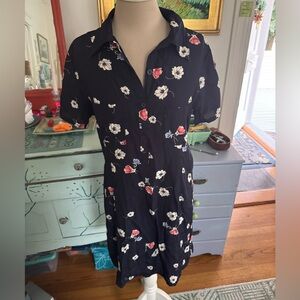 GAP Floral Black Shirt Dress M Rayon Boho Summer VGUC 90s Style